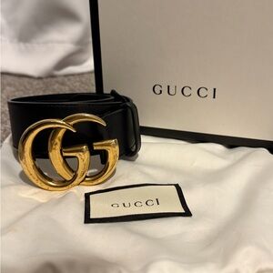 Gucci Black Leather Belt with Gold Double G Buckle